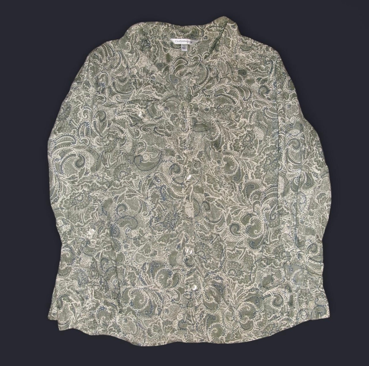 Retro Paisley Print Croft & Barrow Button Up with Tie Up Sleeves