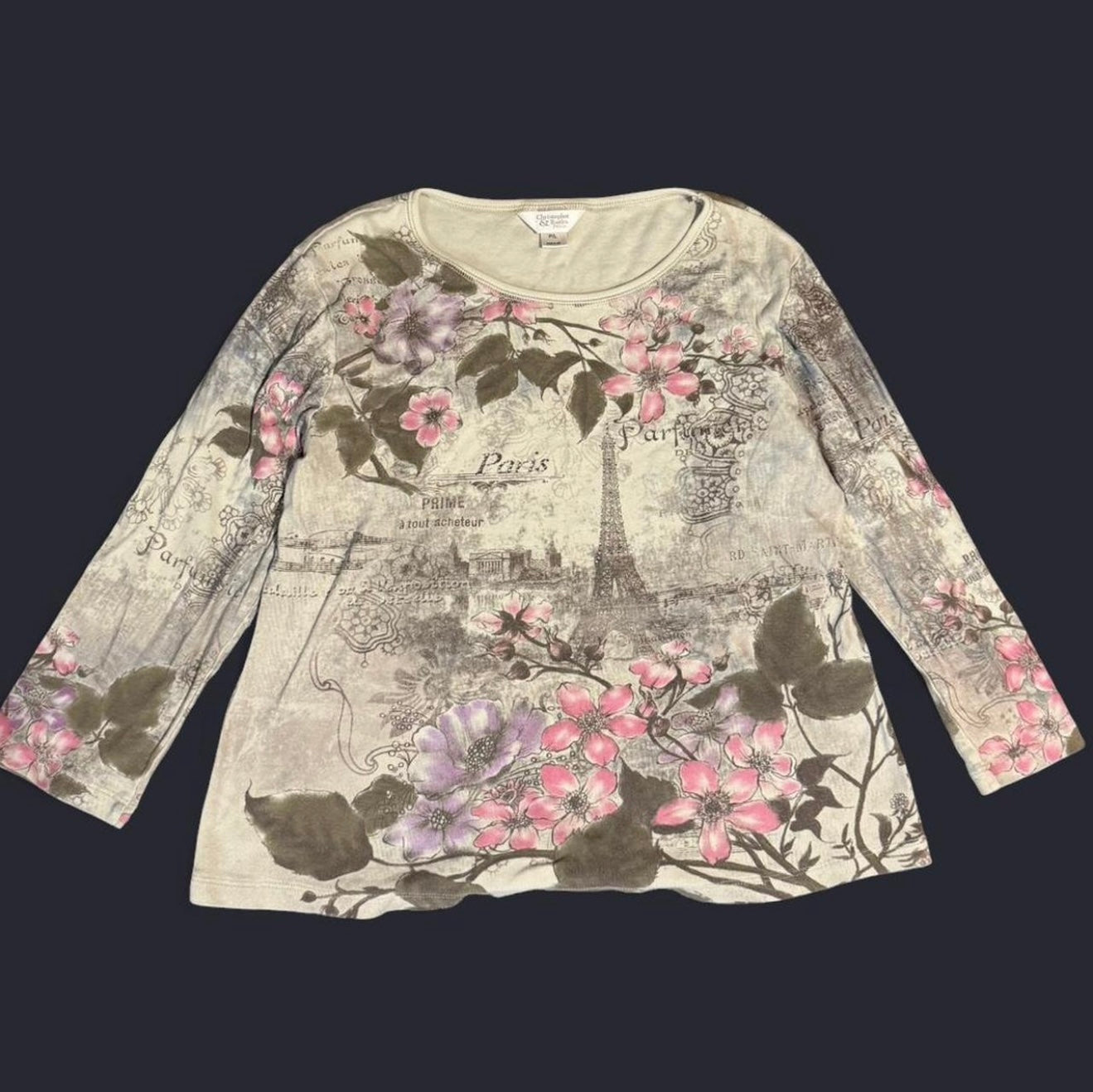 y2k Paris Graphic Floral Top with Rhinestone Details