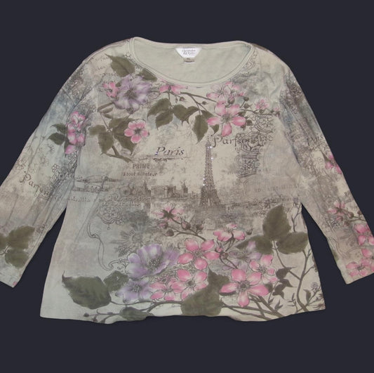 y2k Paris Graphic Floral Top with Rhinestone Details