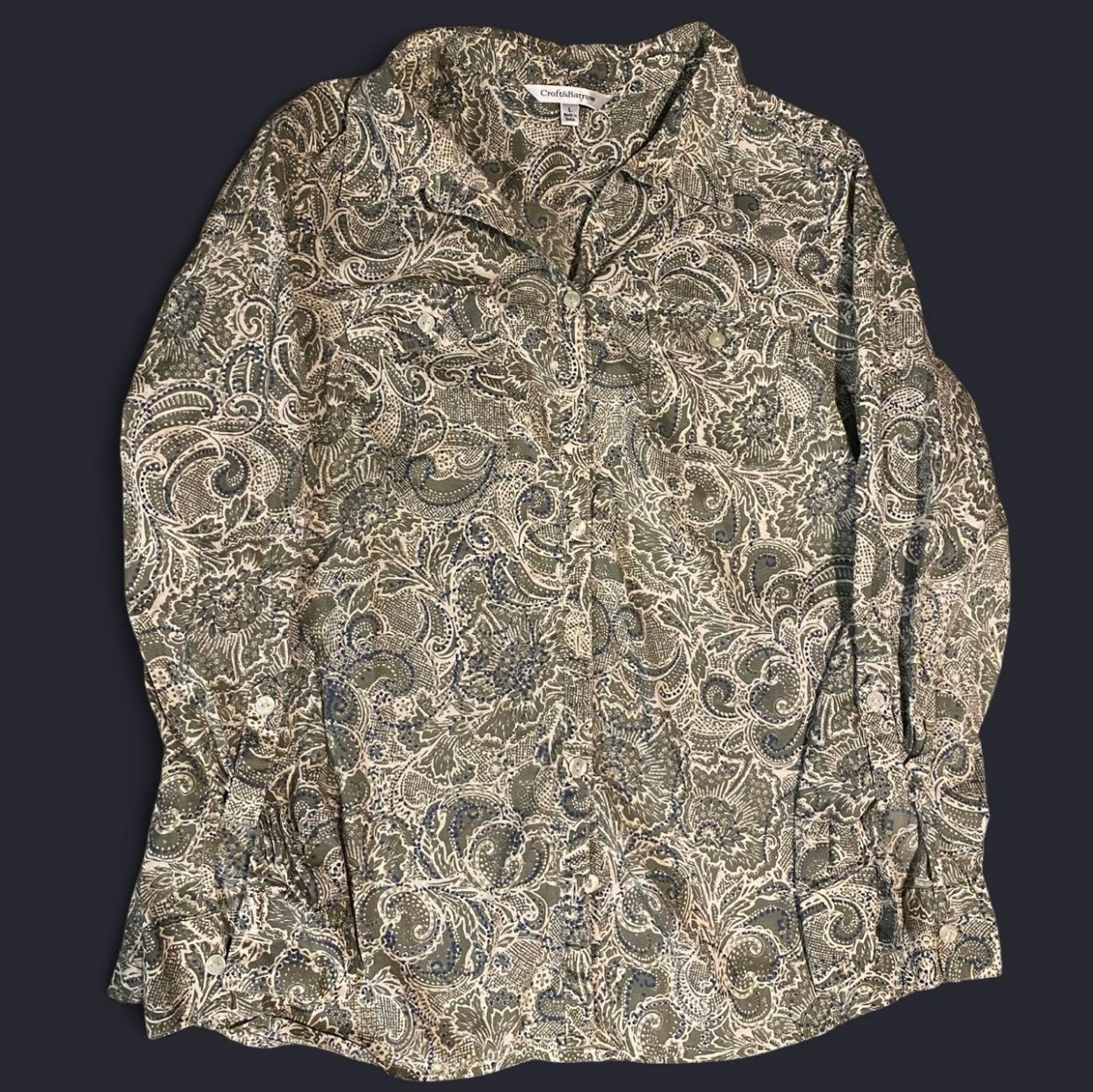 Retro Paisley Print Croft & Barrow Button Up with Tie Up Sleeves