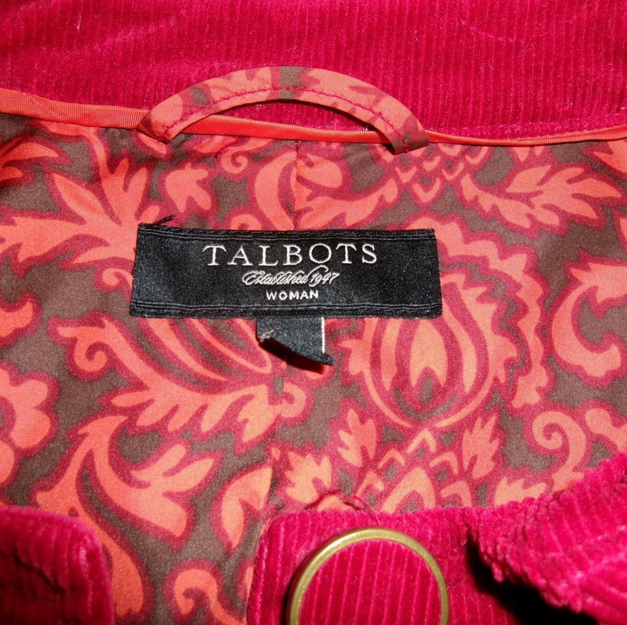 Red Corduroy Print-Lined Button Up Jacket