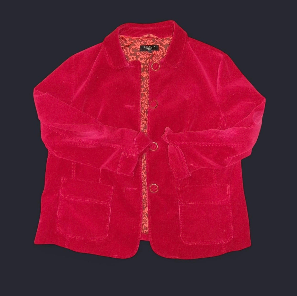 Red Corduroy Print-Lined Button Up Jacket